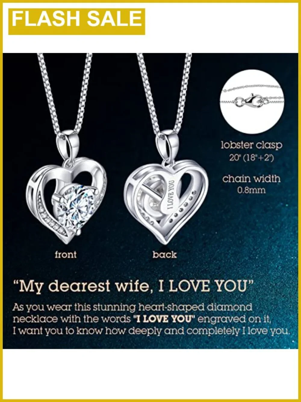 Moissanite Heart Pendant Necklace 925 Sterling Silver I LOVE YOU Engraved